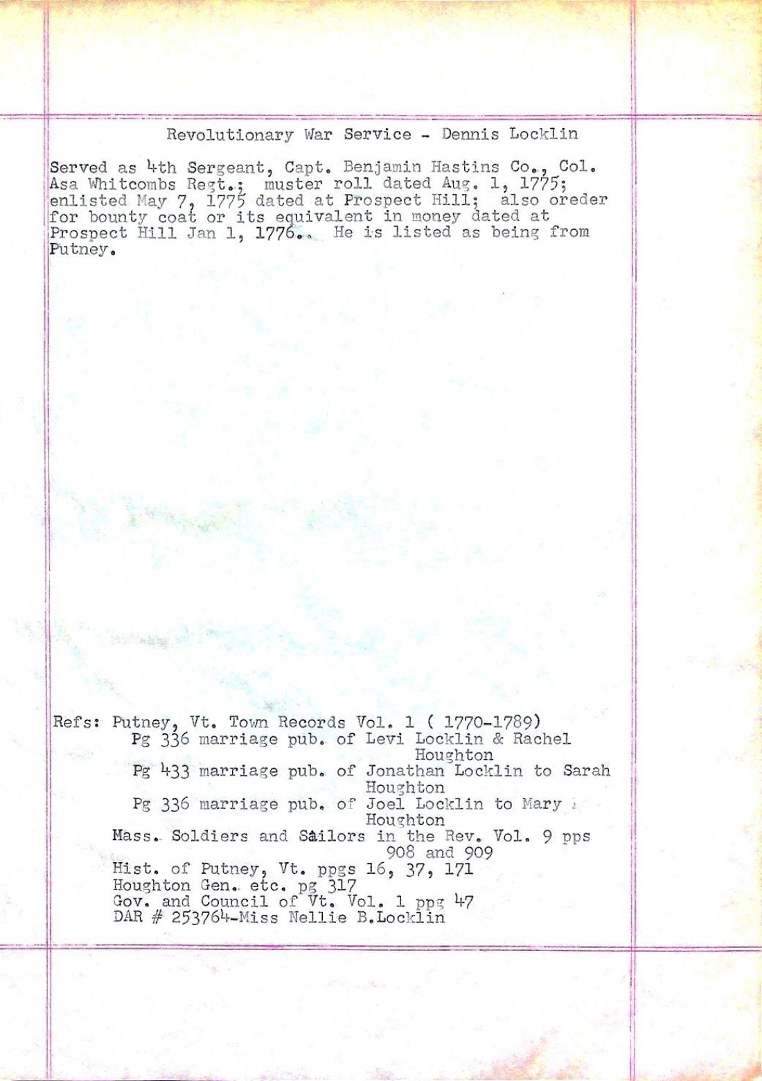 LOCKLIN, Dennis 1 (b. 1725 Mass. d. 1795 Putney) 2 Rev War service